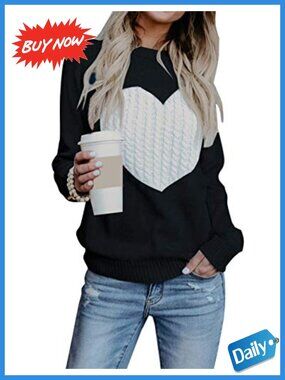 Women's Cute Big Heart Sweater Long Sleeve Crewneck Pullover Knit